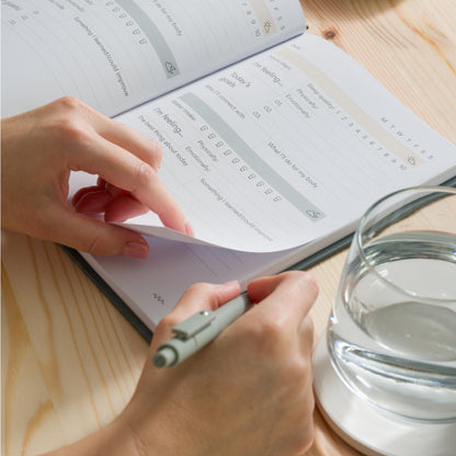 A person turning the page of a guided journal on a wooden desk with a pen in their hand and a glass of water next to them.